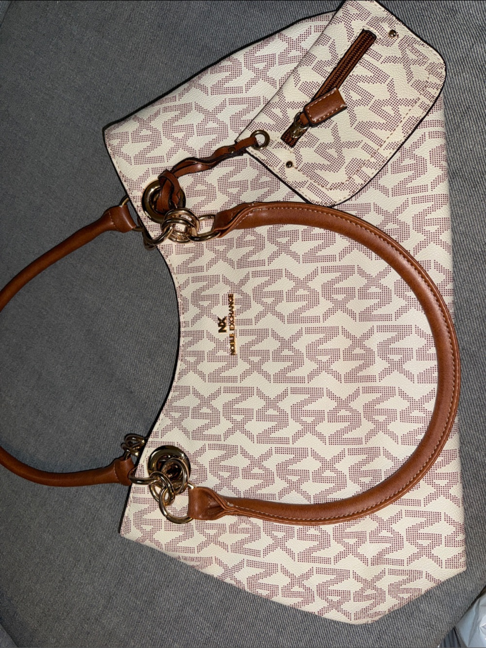NWOT - NX Cream Handbag with Brown Leather Trim & Logo Pattern